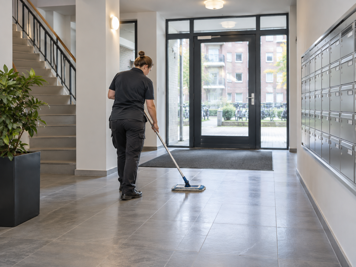 Schoonmaker dweilt de gemeenschappelijke entree van een appartementencomplex.
