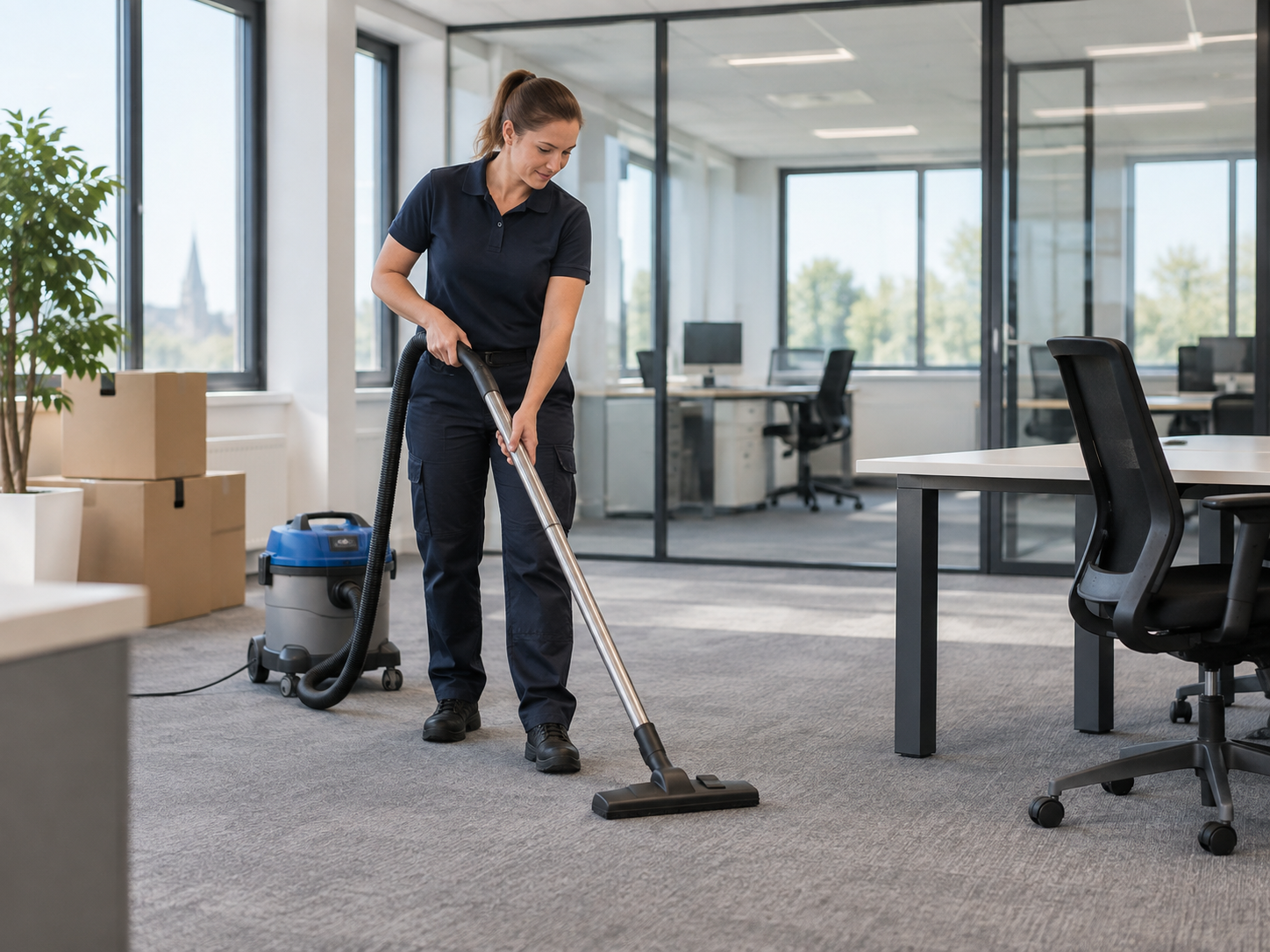 Cleaner vacuuming a nearly empty office with moving boxes during a business handover.