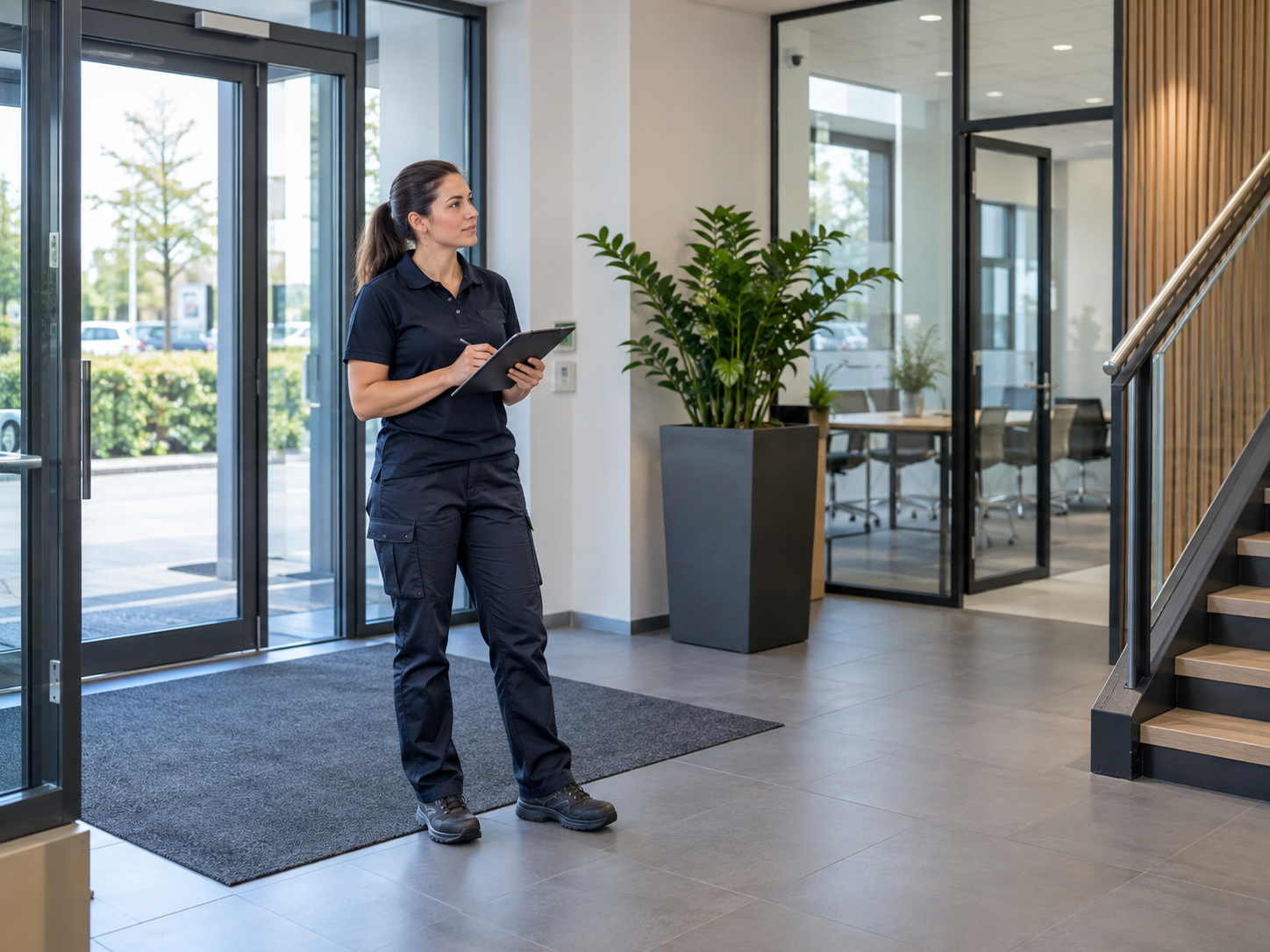 Cleaner assessing access and space at a business location during a cleaning enquiry.